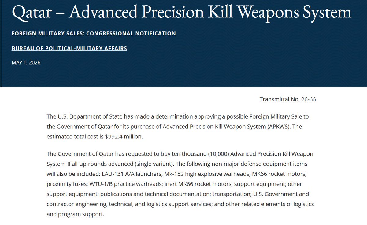 Roberto_yeager's tweet image. Parece que los israelíes, emiratíes y qataríes van a tomar cartas en el asunto de los #UAV's/#Drones "suicidas"
Para #Israel: 10000 #BAe #APKWS II (ya saben, la que añade guía IR) por 992,4 millones$
Para #UAE: 1500 por 147,6 millones
y para #Qatar: otros 10000...