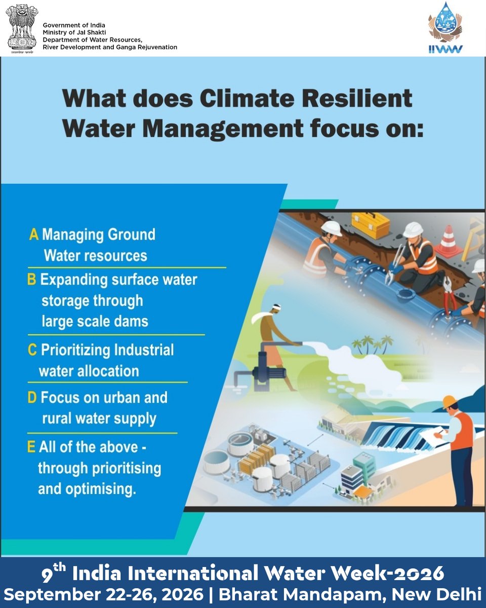 IIWW_Official's tweet photo. Revised caption: 
Climate variability is redefining planning management, and sustainability of water management.
How do we understand the principles driving climate-resilient water systems?
Resilient water management requires a comprehensive approach balancing infrastructure, ecosystems, and resource allocation to address uncertainty and ensure long-term stability.
Key solutions to the above issues will be addressed at the 9th India International Water Week-2026 which will brings together global experts, policymakers, and practitioners to advance dialogue under the theme Climate Resilient Water Management.
Please join IIWW 2026

📅 22–26 September 2026
📍 Bharat Mandapam, New Delhi
Join the platform shaping the next phase of water governance.
#9thIIWW2026 #ClimateResilientWater #WaterGovernance #SustainableWater #WaterManagement

@DoWRRDGR_MoJS @CWCOfficial_GoI @CRPaatil @dr_rajbhushan @VSOMANNA_BJP @narendramodi @rashtrapatibhvn