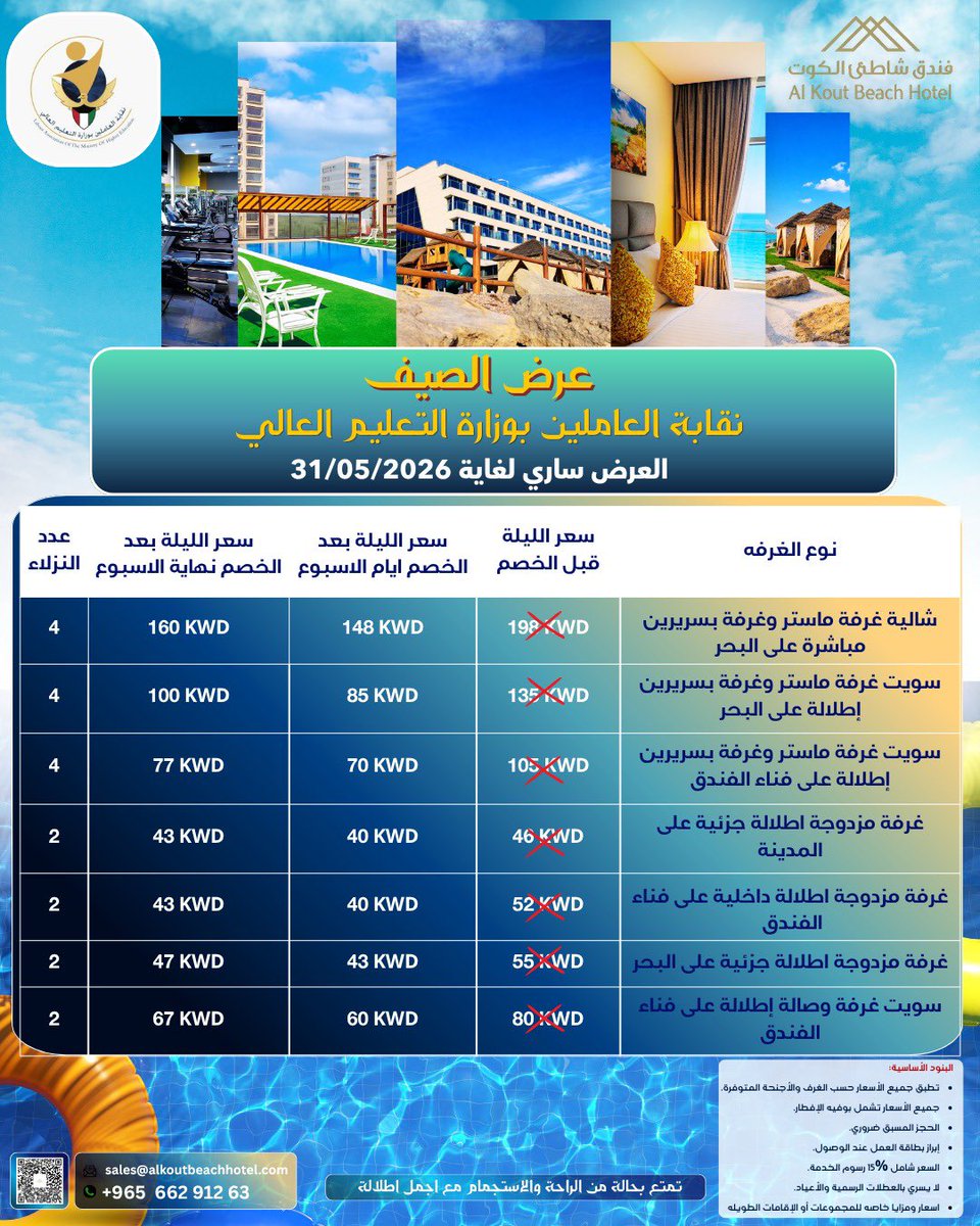 MoheUnion's tweet photo. تعلن اللجنة الاجتماعية لنقابة العاملين بوزارة التعليم العالي عن طرح عرض صيفي مميز لأعضاء النقابة، وذلك بالتعاون مع فندق شاطئ الكوت.

ويشمل العرض مجموعة من الغرف والأجنحة الفندقية بأسعار تفضيلية خاصة

يسري العرض حتى تاريخ 31/05/2026 https://t.co/xw54Yca3pJ