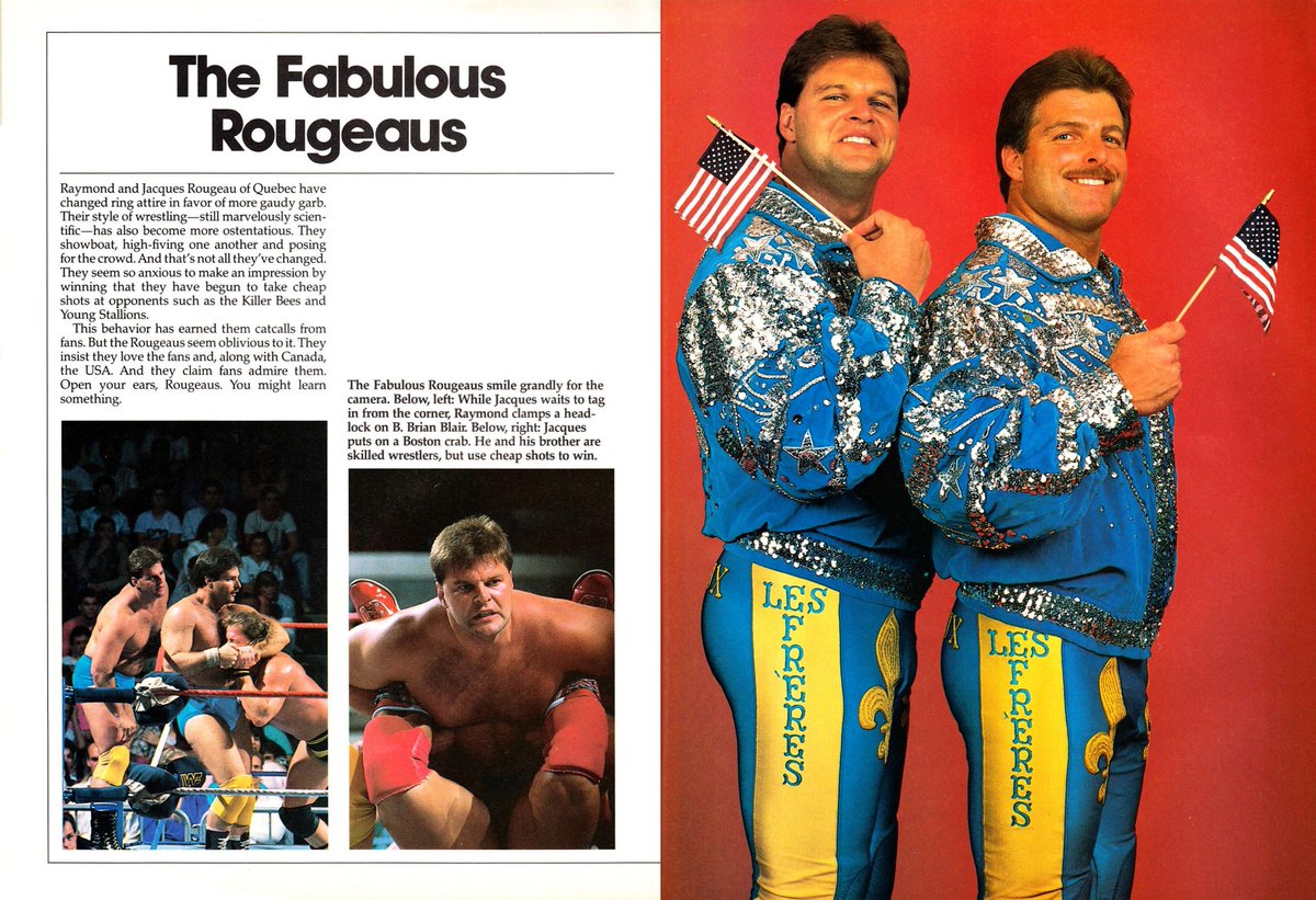 WWFWrestling1's tweet image. Profile of The Fabulous Rougeaus from WWF Superstars III magazine published in 1988. ⚜️ #WWF #WWE #JacquesRougeau #RaymondRougeau