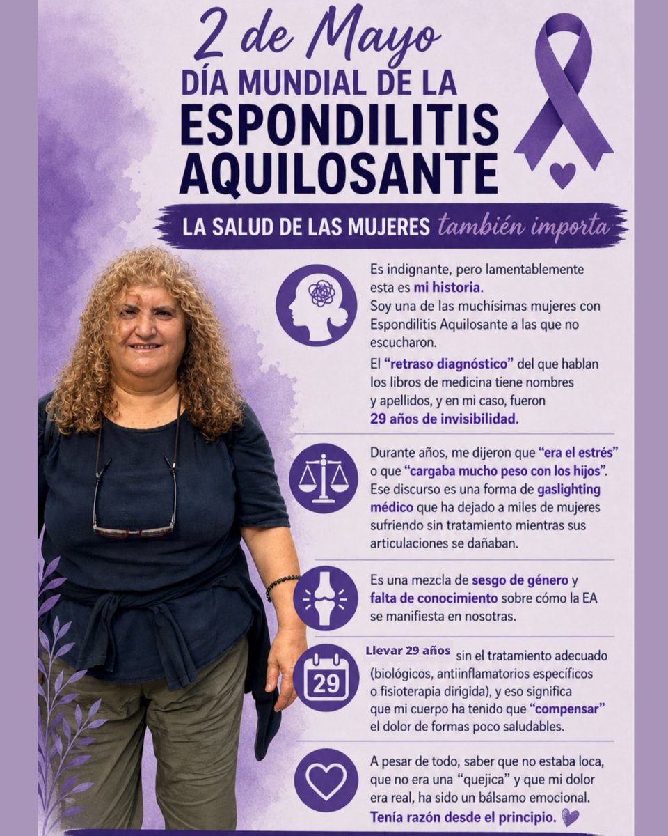 purificacionmor's tweet photo. Casi 30 años de médicos y pruebas sin respuestas. El dolor empezó a los 30 y el diagnóstico llegó recién a finales de 2022, con 59 años: #EspondilitisAnquilosante.
Vivir con una enfermedad degenerativa es ver cómo tu cuerpo de 59 años reaccionaba a veces como uno de 85. 👇 https://t.co/LDn6xKDtr2