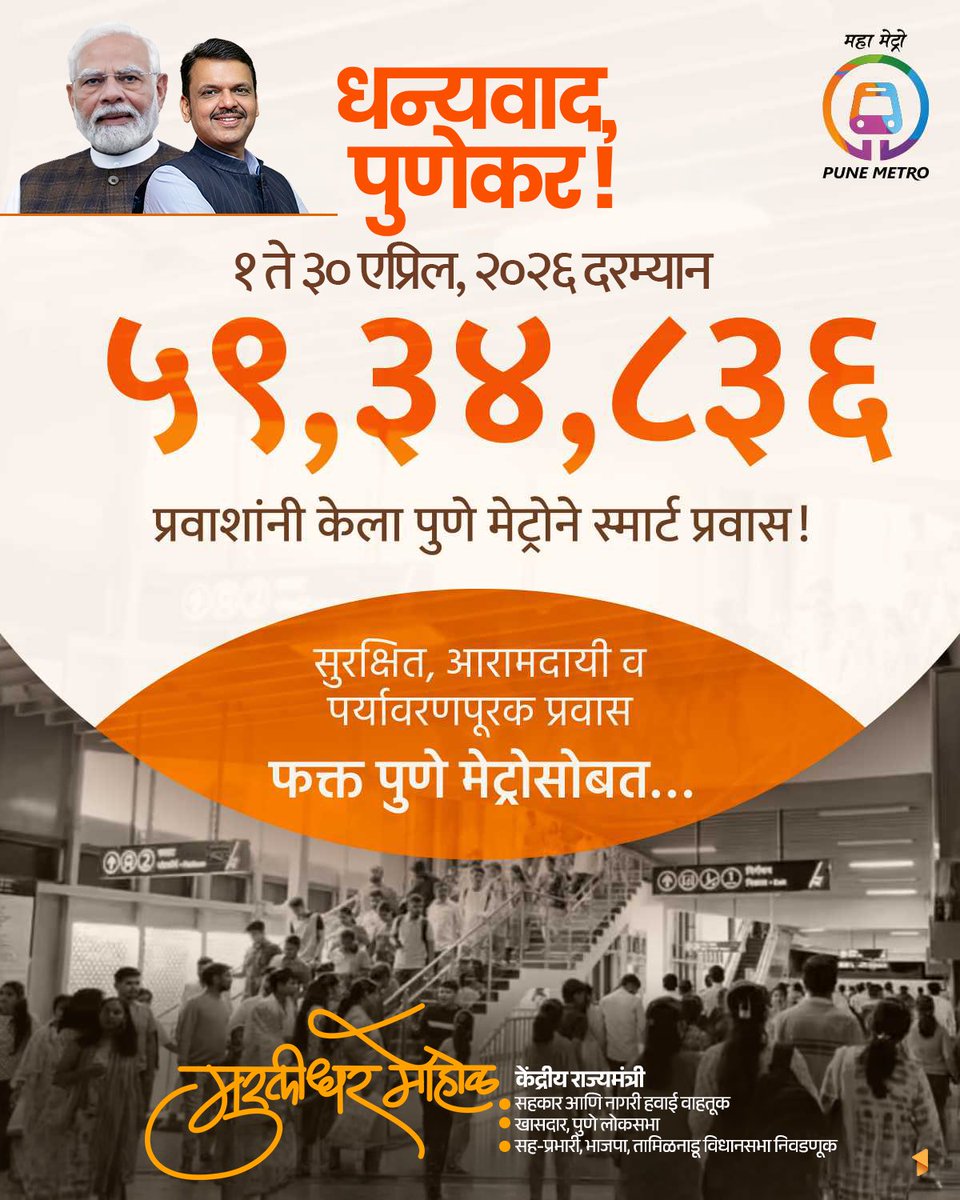mohol_murlidhar's tweet image. धन्यवाद, पुणेकर !

#पुणे #मेट्रो #Pune #Metro

@narendramodi 
@PMOIndia 
@AmitShah 
@NitinNabin 
@blsanthosh 
@BJP4India 
@Dev_Fadnavis 
@RaviDadaChavan 
@BJP4Maharashtra