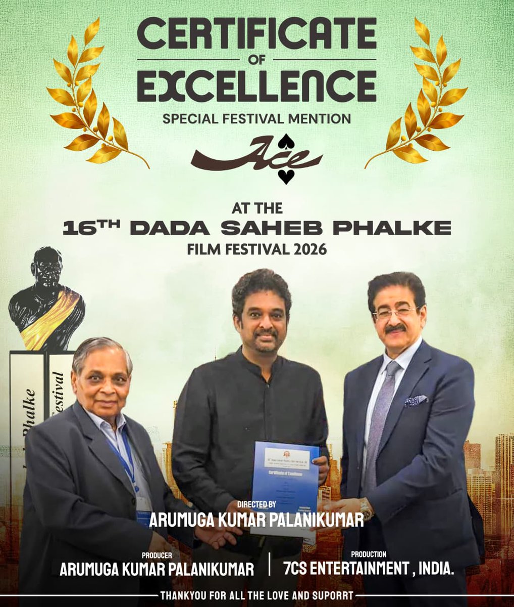 ToouringTalkies's tweet photo. A proud recognition for Ace, directed by @Aaru_Dir, at the Dada Saheb Phalke Film Festival 2026 – Special Festival Mention Award 💫

Heartfelt congratulations to @7CsPvtPte, the entire team and special wishes to Director Arumugam sir for crafting this complete entertainer! https://t.co/7438L5maWu