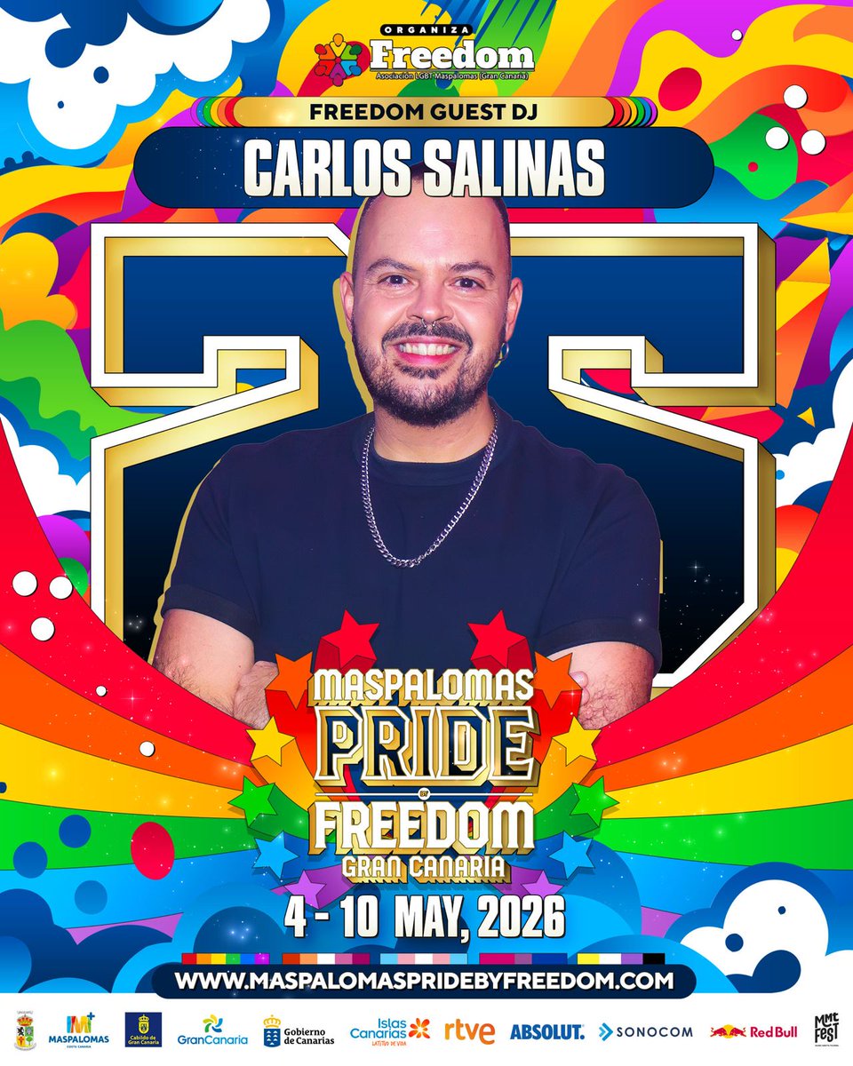 MaspaPride's tweet photo. Your daily date with the best pop music starts at the Pride stage. 🏳️‍🌈🎧 Every night from 9:00 PM to 10:00 PM, Carlos Salinas arrives to turn Maspalomas Pride by Freedom 2026 into the world's biggest dance floor. 
#MaspalomasPride #GranCanaria #islascanarias #visitgrancanaria https://t.co/8ZVOco11UI