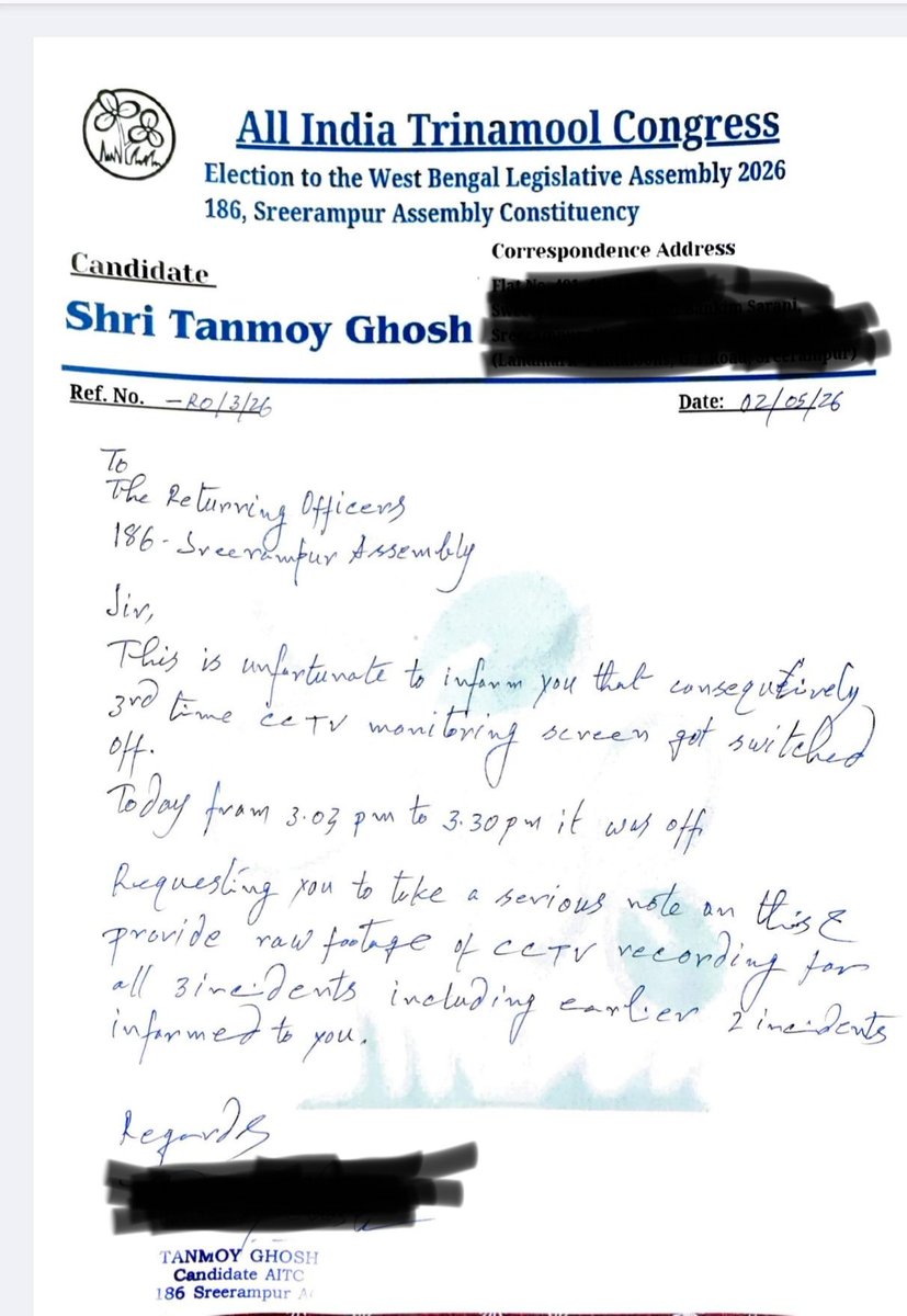 Tanmoy_Fetsu's tweet photo. Attention please, @ECISVEEP, @CEOWestBengal,

Serious concerns raised from 186, Sreerampur Assembly Constituency. 
The CCTV monitoring system went off for the third time, including today from 3:03 PM to 3:30 PM. A formal complaint has been submitted seeking raw footage of all three incidents. Transparency in the electoral process must be ensured at all costs.