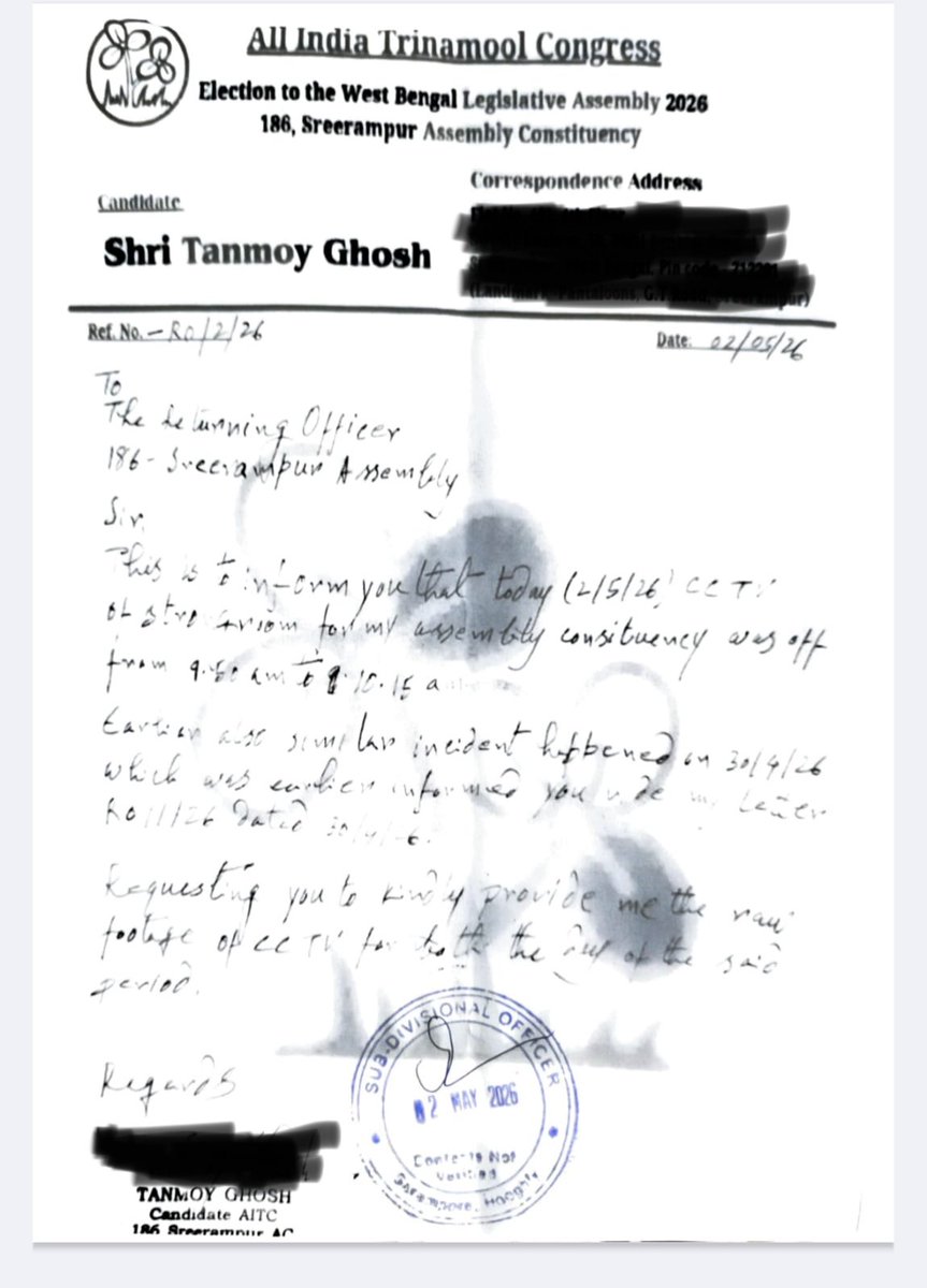 Tanmoy_Fetsu's tweet photo. Attention please, @ECISVEEP, @CEOWestBengal,

Serious concerns raised from 186, Sreerampur Assembly Constituency. 
The CCTV monitoring system went off for the third time, including today from 3:03 PM to 3:30 PM. A formal complaint has been submitted seeking raw footage of all three incidents. Transparency in the electoral process must be ensured at all costs.