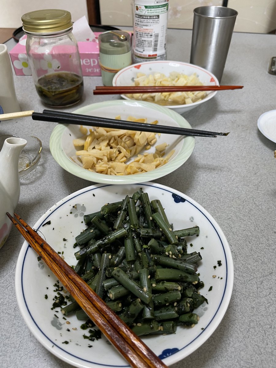sugi0's tweet photo. 急な来訪だから大した物ないけど…と言われて出てきた実家メシ。こういうのがいい。
・わらびの和え物
・筍の中華炒め
・筍穂先の酢の物
・葉わさびの醤油漬け
・こごみの天ぷら https://t.co/CCwTQhlkrN