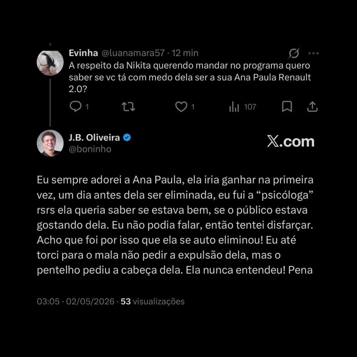 Dantinhas's tweet photo. Boninho fala sobre a expulsão de Ana Paula Renault no BBB16: “Eu sempre adorei a Ana Paula […] Eu até torci para o mala não pedir a expulsão dela, mas o pentelho pediu a cabeça dela.” https://t.co/2qxWZEohLK