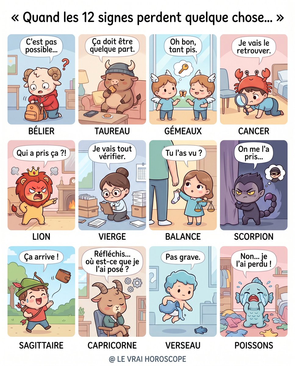 LeVraiHoroscope's tweet image. 😅 QUAND LES 12 SIGNES PERDENT QUELQUE CHOSE…

Clés, portefeuille, téléphone, doudou… peu importe l’objet, chaque signe du zodiaque réagit à sa manière bien caractéristique face à une perte 😂

#Astrologie #Zodiaque #Horoscope