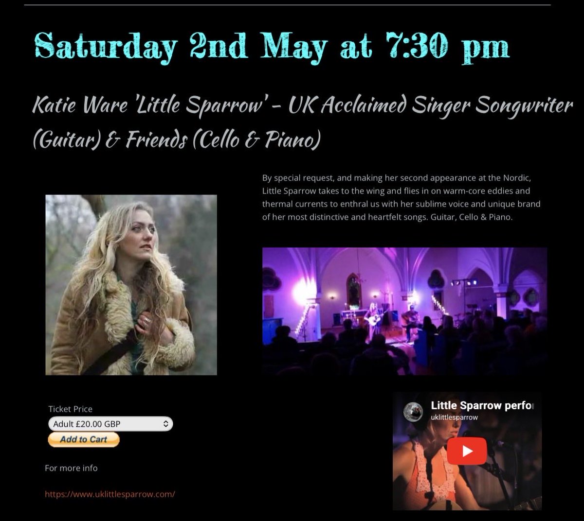 uklittlesparrow's tweet image. Liverpool tonight!
7.30pm, doors 7pm

The Nordic Church, Park Lane
Liverpool
#liverpool #gigs #music
