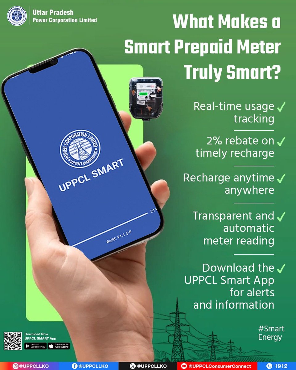 PuVVNLHQ's tweet photo. Experience the benefits of Smart Prepaid Meter with features like daily usage tracking, automatic meter reading, and timely alerts. With added savings and complete transparency, managing electricity is now smarter and more convenient than ever.
#UPPCL #SmartPrepaidMeter #SmartEnergy @aksharmaBharat @EMofficeUP @ChairmanUppcl
@CMOfficeUP @ChiefSecyUP @UPPCLLKO
@DTPuvvnl