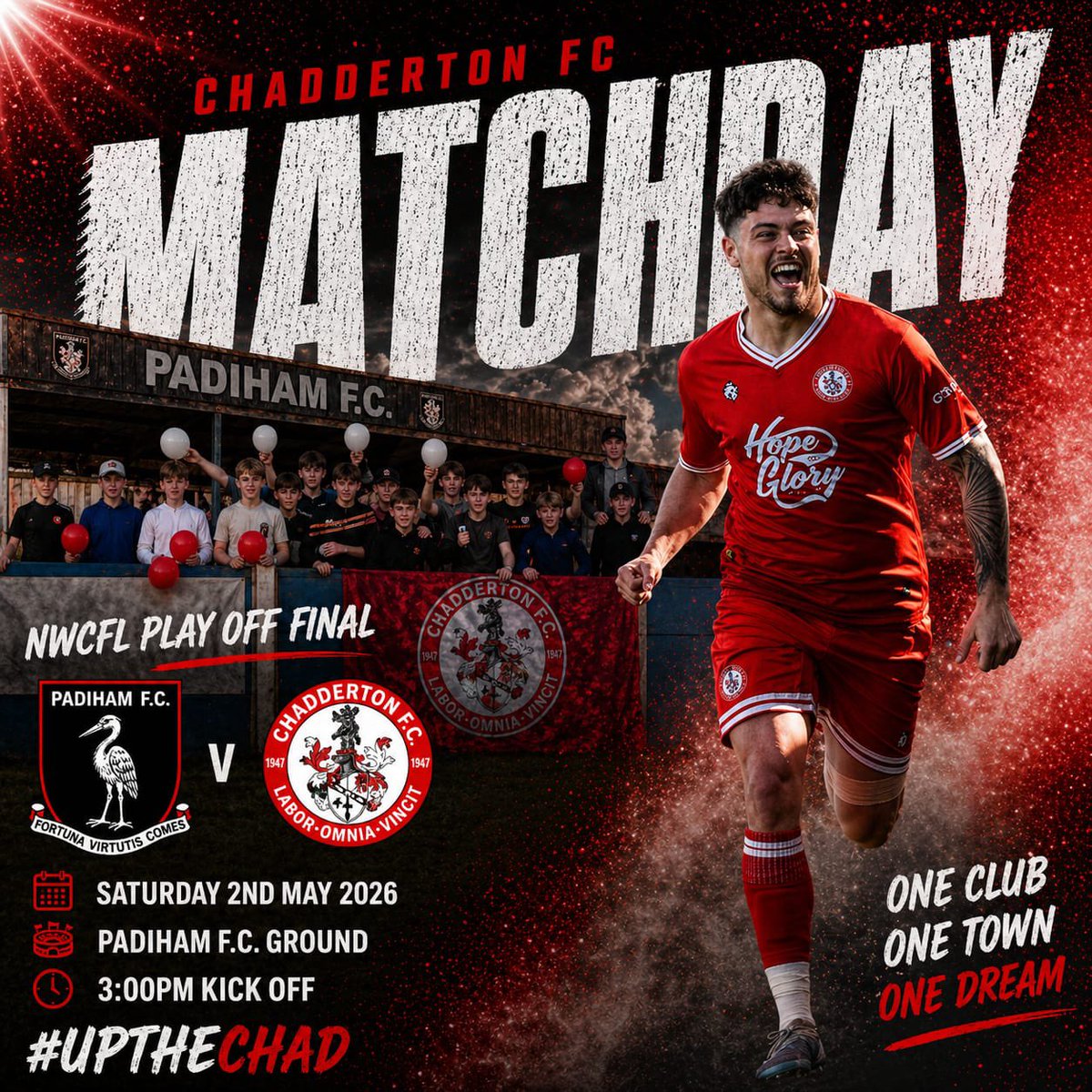 ChaddertonFC's tweet photo. 🔴⚪️MATCHDAY🔴⚪️

The Final Dance of the season has arrived and they don’t get much bigger! 

Be Loud 🔴 Be Proud 🔴 Back the boys 

⏰ 3pm Kick off 
🏟️ Ruby Civil Arena BB12 8LE
💰 Cash or Card only now 
🏆 Promotion to NPL West. 

#UpTheChad https://t.co/tZVccXzaHm