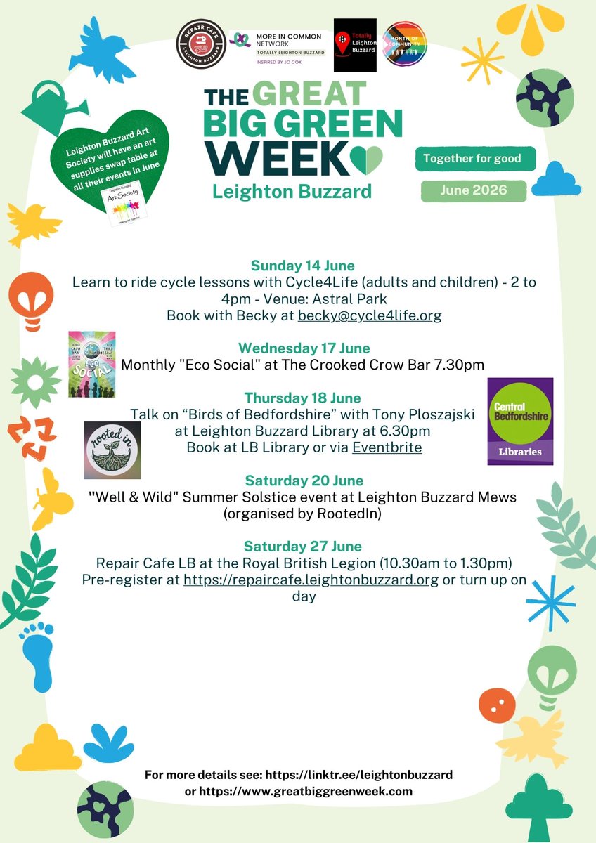 TotallyLocal_LB's tweet photo. Excited to announce fab events programme in Leighton Buzzard for #GreatBigGreenWeekLB  in June 2026. Theme is #TogetherforGood Highlights include photo competition, community screening of @nebriefing and talk on "The Birds of Bedfordshire".  💚 @TheCCoalition https://t.co/gnouTh0Bw9