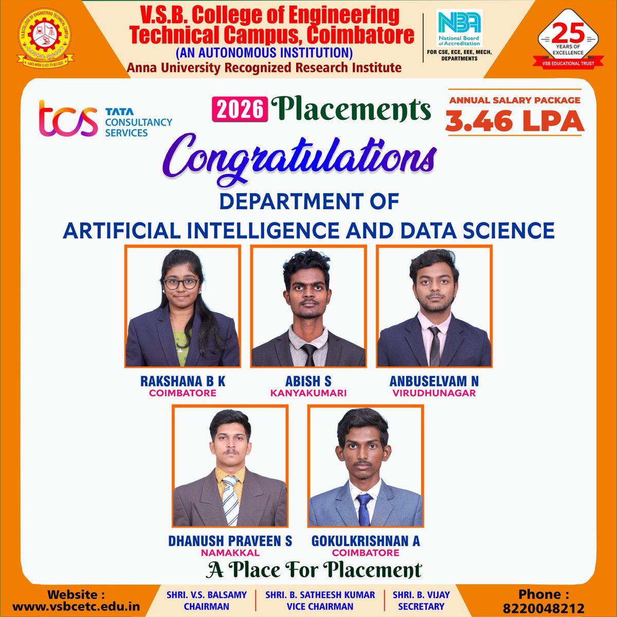 vsbcetc's tweet image. Congratulations to our AI &amp;amp; Data Science students on their placement in TCS! 🚀
A strong step towards a successful tech career.
#AIDS #TCSNinja #VSBPlacements #FutureEngineers
