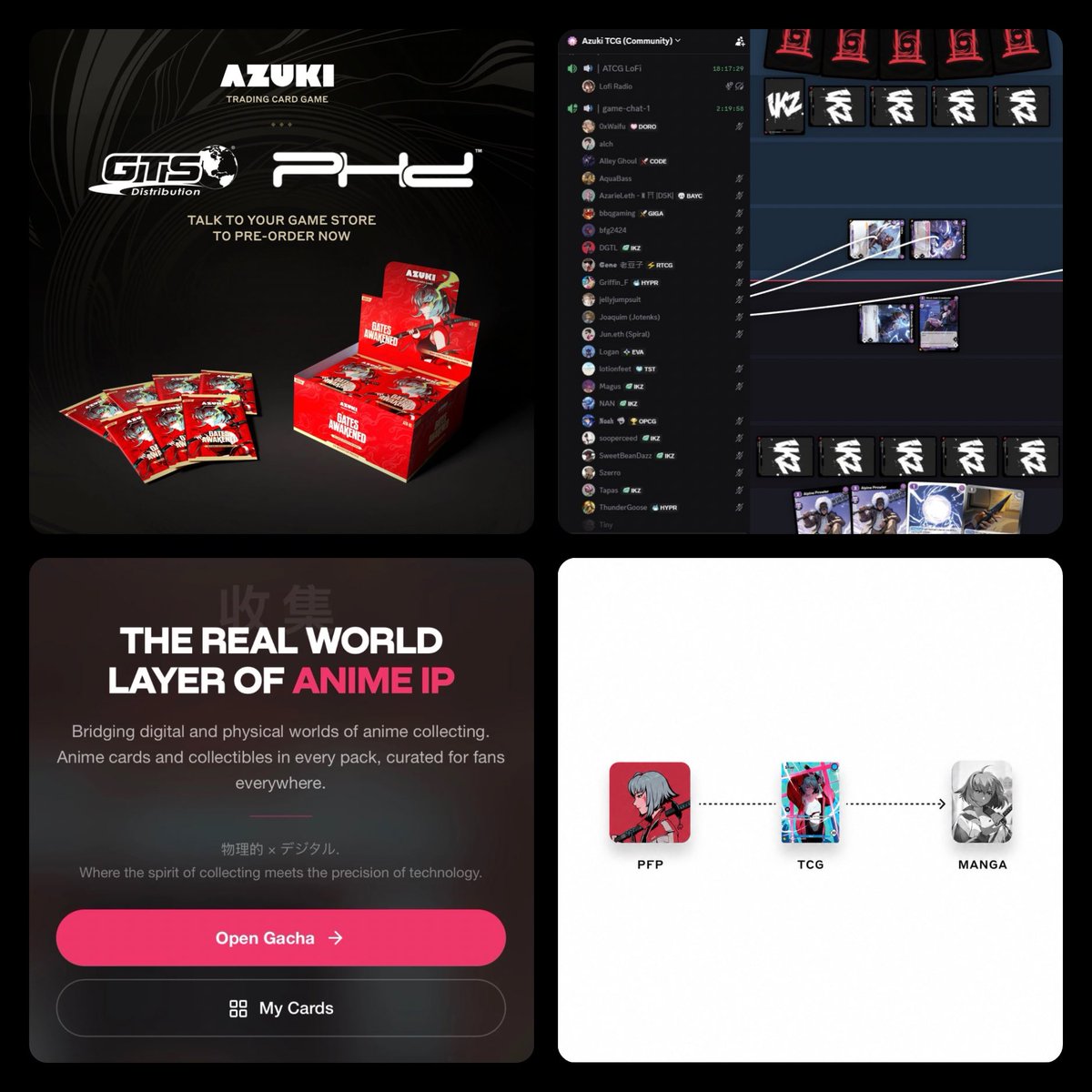 Quick Azuki updates

✔️ Azuki TCG US distribution live with PHD Games and GTS. Biggest LGS distributors.

✔️ Collect.anime.xyz claw machine by <a href="/phygitals/">phygitals</a> is restocked again. New Grails added.

✔️ Azuki TCG discord tourney for new players: 29 entrants, 4+ hours of gameplay.