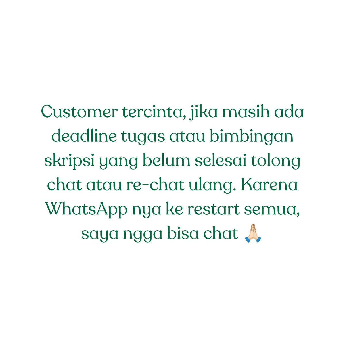 Dear customer, WA ku ke riset semua ada beberapa cust yang ngga aku save nomor nya. Boleh chat ulang yaa ke nomor ku yang ada di bio🙏