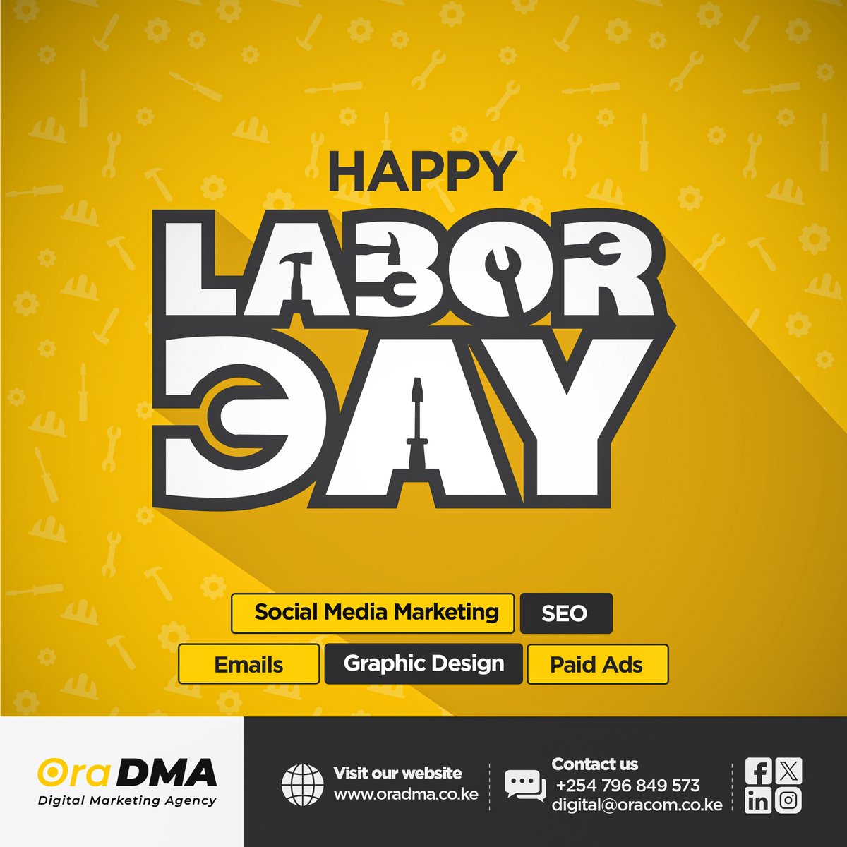 _OraDMA's tweet photo. The entire week is Labour week from OraDMA where hard work meets smart marketing.
As you grind, we grow your brand through Social Media Marketing, SEO, Emails, Graphic Design &amp; Paid Ads. Let’s build something powerful together
#LabourDay #OraDMA #DigitalMarketing https://t.co/QGuCkUSjg4