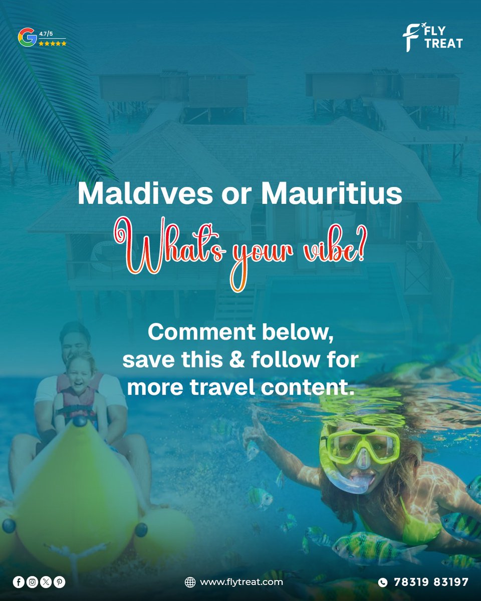 Flytreat_Tour's tweet photo. Maldives or Mauritius… which one matches your vibe? 🌊✨

💙 Maldives = luxury, privacy &amp; dreamy overwater villas
💚 Mauritius = adventure, culture &amp; scenic landscapes

Save this for your next trip &amp; follow @Flytreat for more travel inspiration ✈️ https://t.co/KPE8ixHsze
