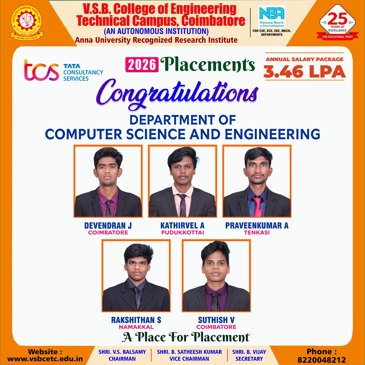 vsbcetc's tweet image. Proud achievement for our CSE students! 🎉
Placed in TCS  and ready to take on the corporate world.
#CSE #Placements #VSBCollege #Success
