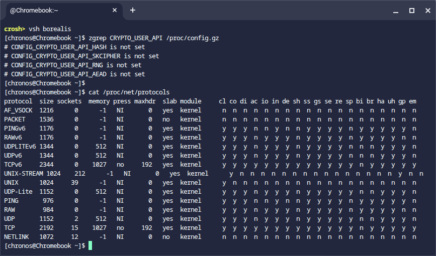 staddss's tweet photo. ChromebookのSteam環境はroot権限が無いのでCopy Failでroot権限取得できるかなと試したところ実行エラーになった
Gemini曰くAF_ALGが無いからとのこと
ちなみにChromeOS側もAF_ALG無し
セキュリティが強固でよいですね https://t.co/sFNHEXO3SA