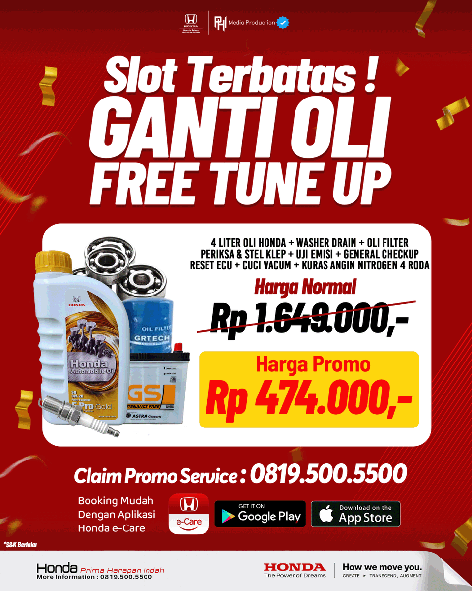 HondaPhiBekasi's tweet image. SLOT TERBATAS! BURUAN SEBELUM KEHABISAN! 🚨

Ganti oli + FREE TUNE UP cuma Rp 474.000,- dari harga normal Rp 1,6 JUTA! 

1. 4L Oli Honda
2. Filter + Washer
3. Stel klep &amp;amp; uji emisi
4. General checkup
5. Reset ECU
6. Cuci vacuum
7. Nitrogen 4 roda

#PromoServiceHonda
#Service