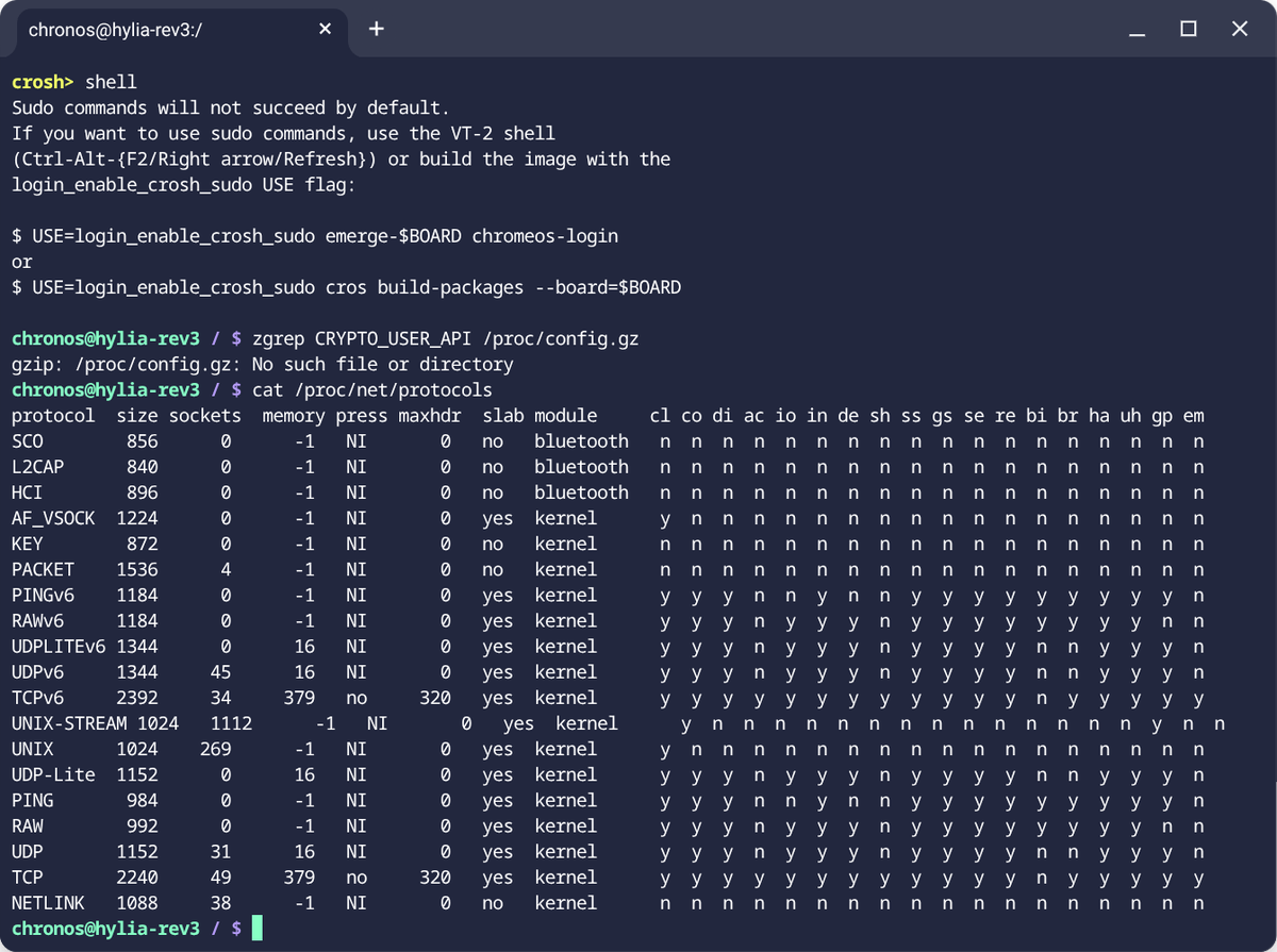 staddss's tweet photo. ChromebookのSteam環境はroot権限が無いのでCopy Failでroot権限取得できるかなと試したところ実行エラーになった
Gemini曰くAF_ALGが無いからとのこと
ちなみにChromeOS側もAF_ALG無し
セキュリティが強固でよいですね https://t.co/sFNHEXO3SA