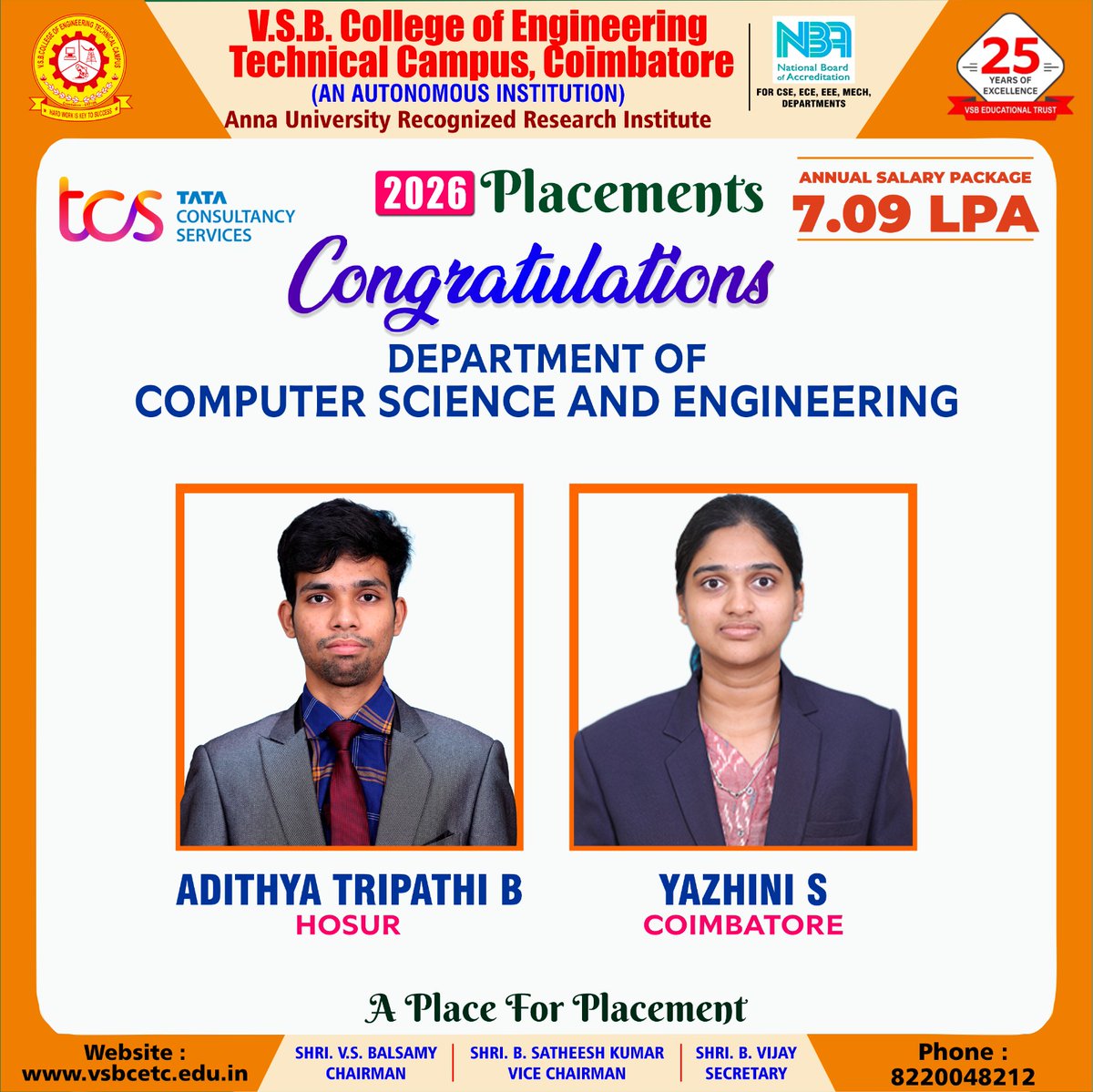 vsbcetc's tweet image. Hearty congratulations to our CSE students placed in TCS  with 7.09 LPA! 💼
Excellence in action, success in motion.
#CSE #TCSDigital #VSBEngineering #PlacementSuccess