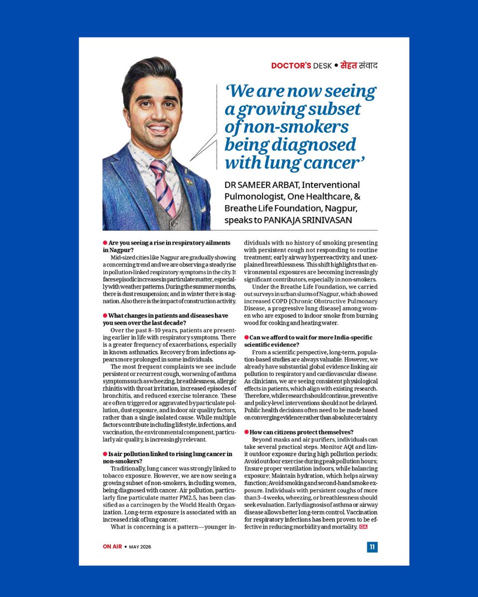 JamwalNidhi's tweet photo. Medical doctors are recording a growing number of non-smoker patients, including women, being diagnosed with lung cancer. 

Air pollution is becoming increasingly significant contributor of lung cancer.

Read Dr Sameer Arbat's interview in ON AIR.

Click👉 https://t.co/8xkgcskaMP https://t.co/eo2a79Dr5E
