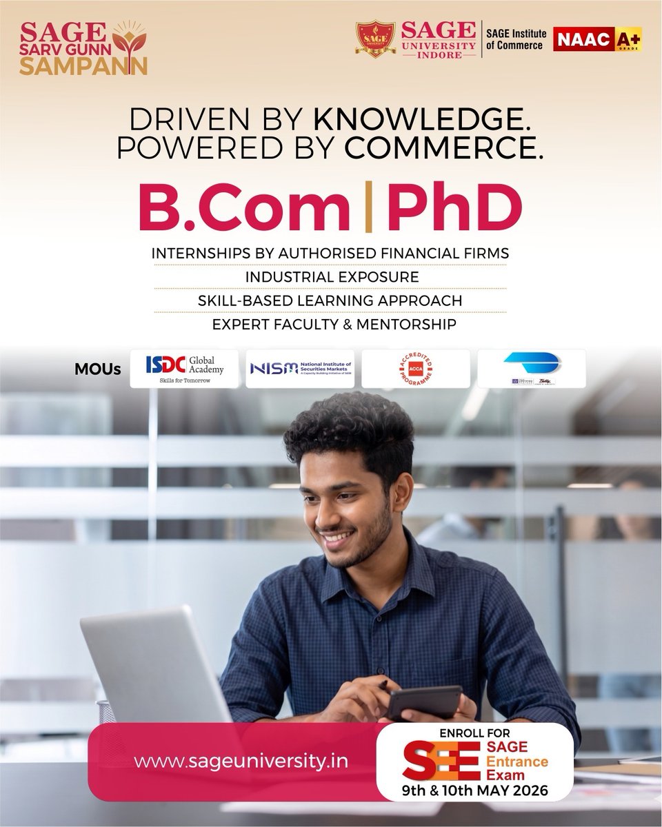 SAGE_INDORE's tweet image. Shaping future commerce leaders with knowledge that drives real results!

B.Com &amp;amp; Ph.D. programs with internships, industry exposure, global tie-ups &amp;amp; expert mentorship to build real-world skills.

Visit - sageuniversity.in/admission

#SAGEUniversityIndore #Commerce