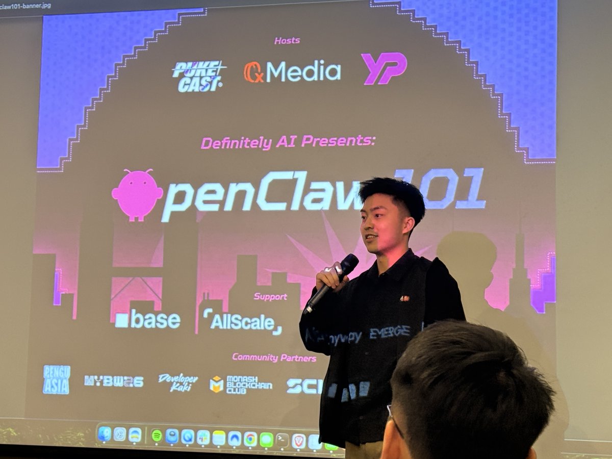 0xmediaco's tweet photo. 劳动节假期第 2 天，活动现场座无虚席 🇲🇾
Definitely AI Presents: OpenClaw 101

由 @yellowpantherx、@pukecast 联合 @0xmediaco 共同举办
合作伙伴 @baseapac、@Clustlydotai、@elfa_ai 和 @allscaleio 

Workshop 聚焦 AI × Crypto，现场嘉宾分享精彩，KL builder 社群积极参与，互动氛围热烈收获满满

感谢所有社区伙伴：@PenguAsia @MalaysiaBCW Developer Kaki @mumbcs @otgdeficommunit @shadowcleague @anyway_sh @tankdao_xyz  

完整回顾陆续放出，敬请关注 👀

📍 吉隆坡 | 5月2日
