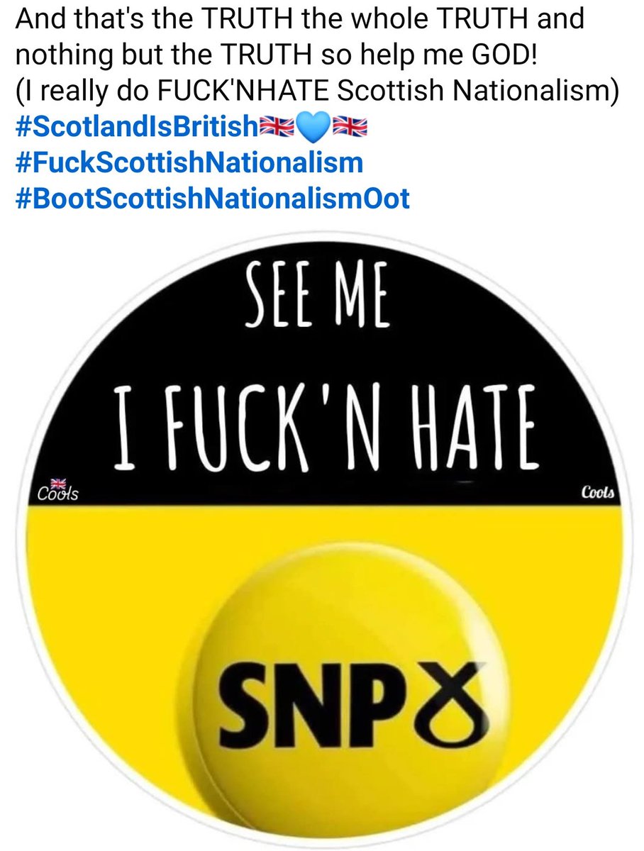 colinstevenson9's tweet photo. SCOTTISH NATIONALISTS YOU CAN STICK YOUR INDYFUCK'NPENDENCE RIGHT UP YOUR ANTISEMITIC ~ IRISH REPUBLICAN ~ IRA/HAMAS LOVING ARSES!
SCOTTISH NATIONALISM IS A DISEASE AKIN TO SPANISH FLU & GERMAN MEASLES!
#FUCKtheSNP #AbolishHolyrood #DissolveDevolution #ShutTheShortbreadSenate https://t.co/UGeB0Fs2Pf