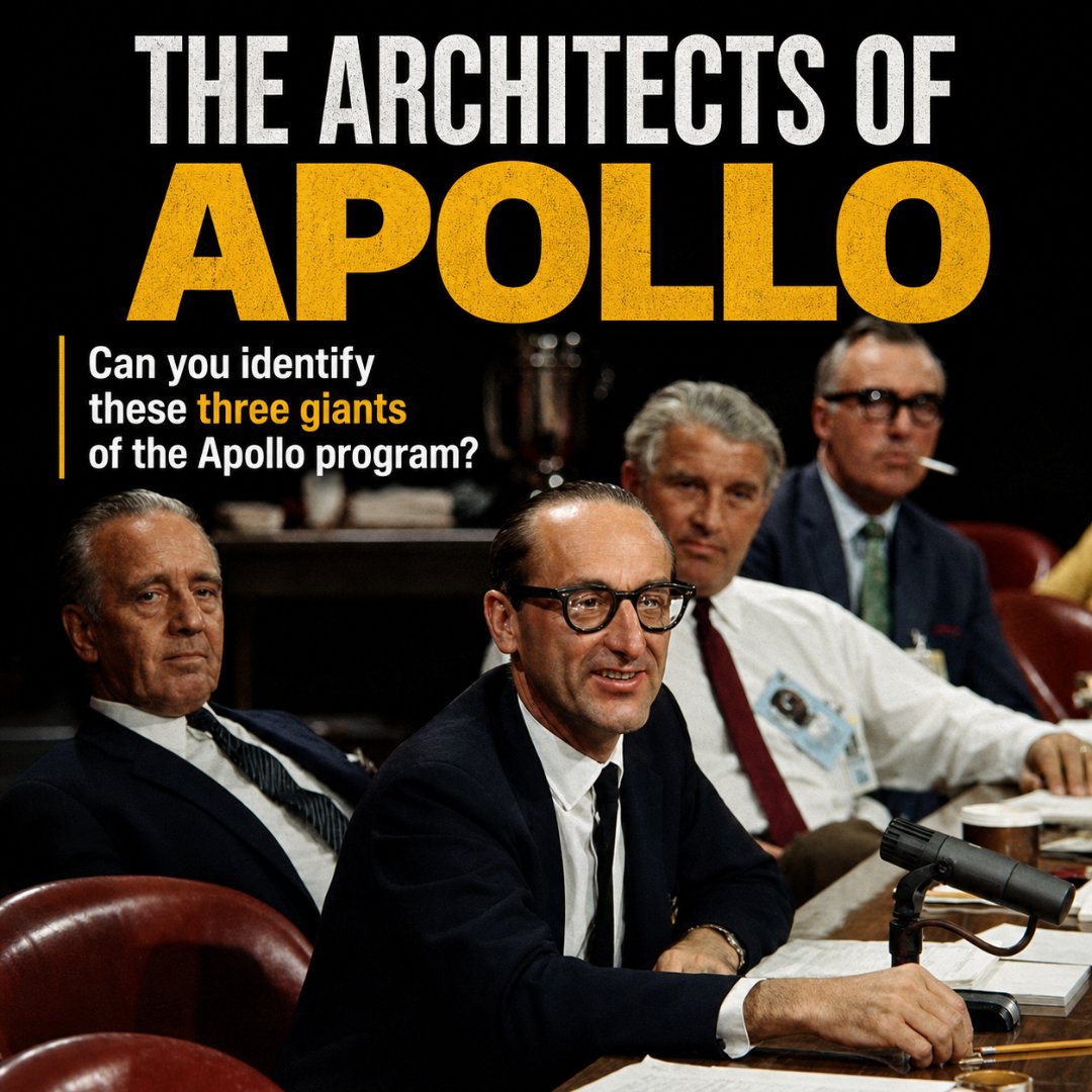 Apollo11Space69's tweet image. Can you identify these three giants of the #Apollo program?

(Note: The gentleman in the foreground with the glasses was the 'architect' of the Apollo spacecraft management, and the man in the red tie behind him is perhaps the most famous rocket scientist in history.)"