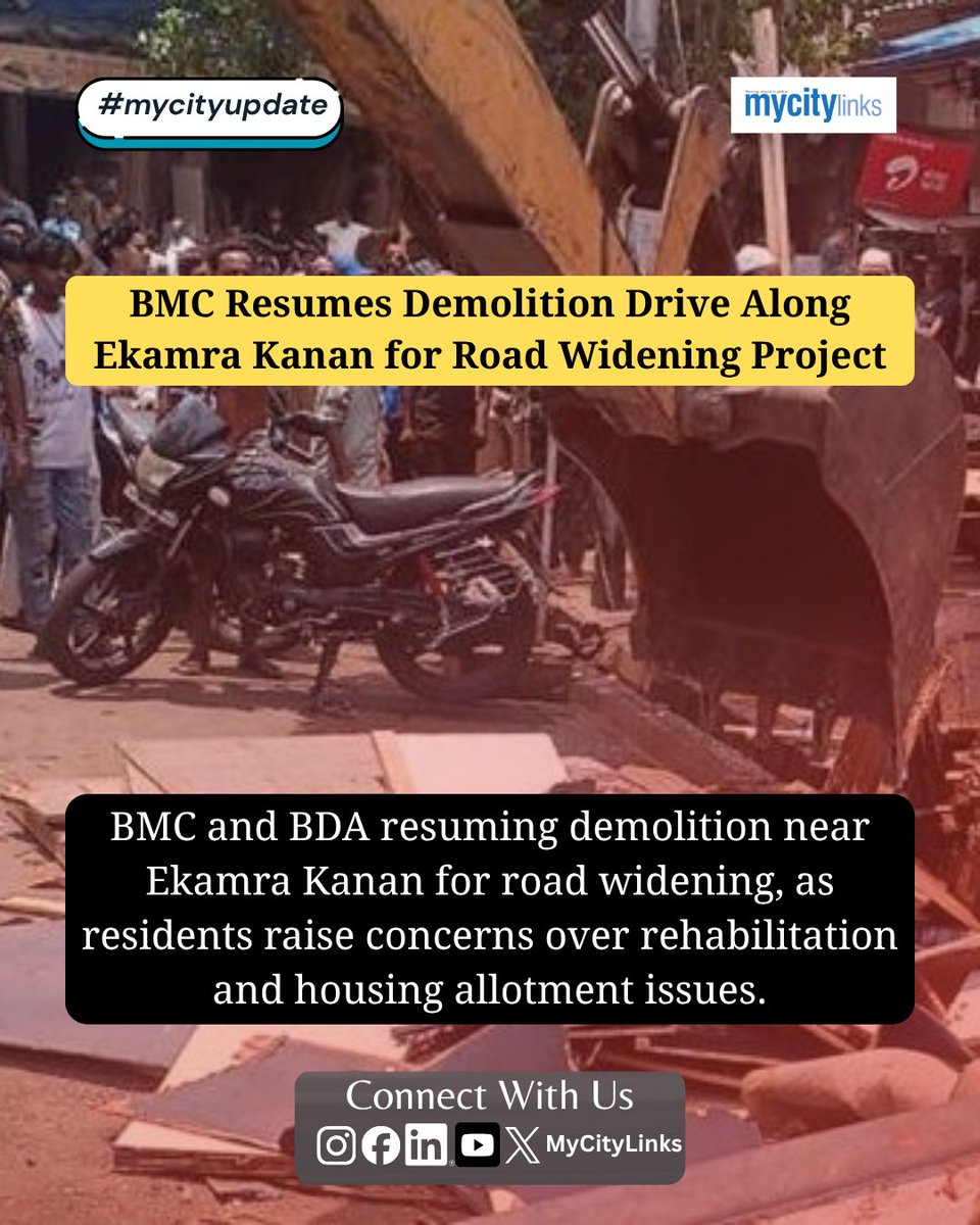 MyCityLinks's tweet image. The @bmcbbsr and @BDA_BBSR have resumed a demolition drive along the #EkamraKanan road in Bhubaneswar as part of a major road-widening project.

Read More: mycitylinks.in/bmc-resumes-de…

#bhubaneswar #bmc #bda #demolitiondrive #roadwidening #urbanplanning #odishanews  #mycitylinks
