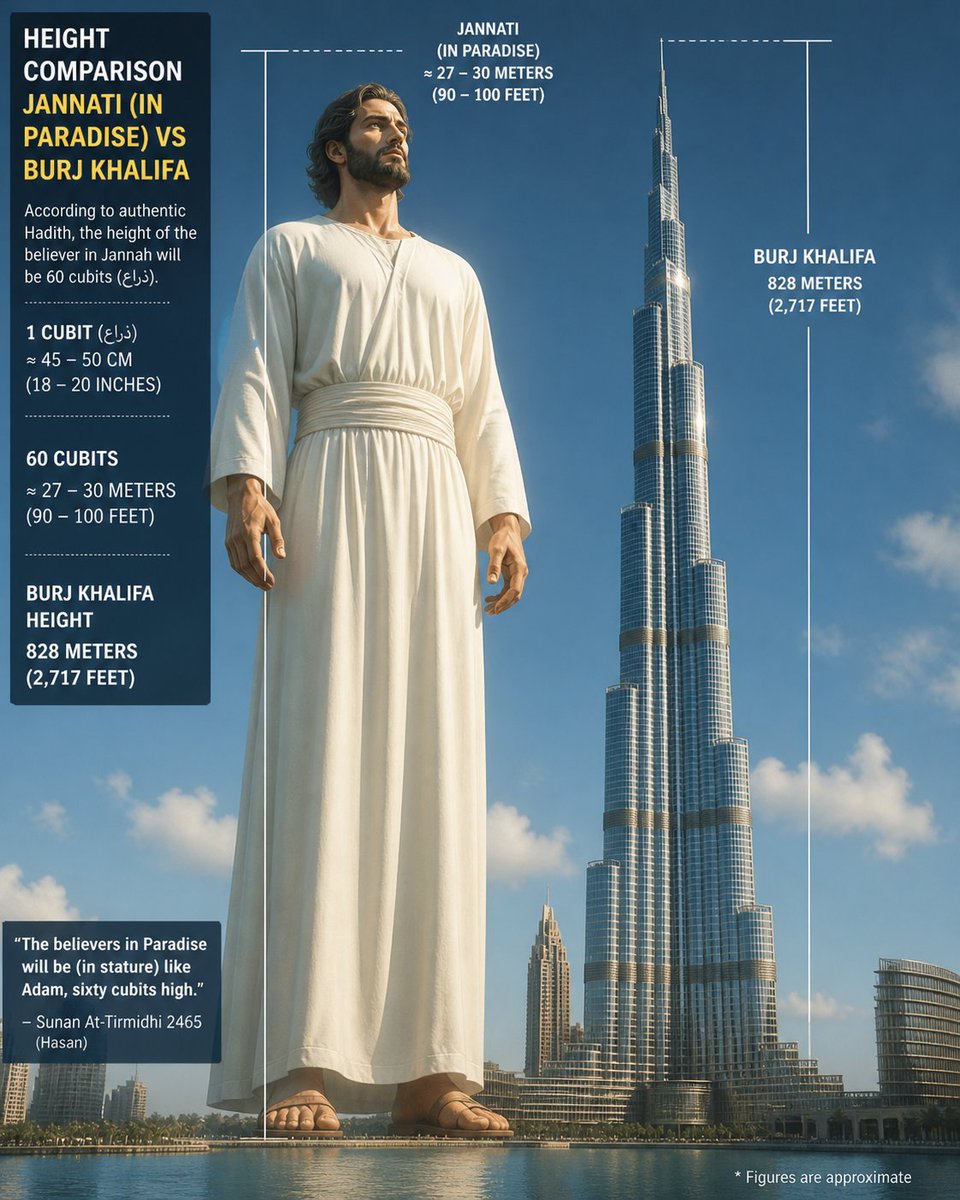 DailyDogeX's tweet image. Look carefully at this picture and estimate how tall one person in Paradise would be, and how tall the Burj Khalifa is.

#Islamic #quran #islam