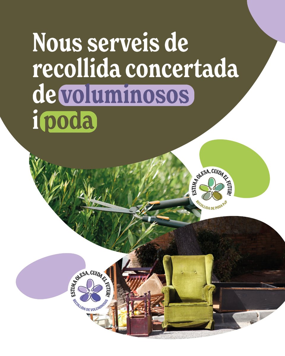 AjuntamentOlesa's tweet image. 🔴 VOLUMINOSOS I PODA

#Olesa disposa d'un servei sota demanda de recollida de voluminosos i restes de poda.
🛋️ Amb aquest sistema, podreu sol·licitar la recollida de mobles i altres objectes voluminosos trucant a l’Oficina de Residus (639 792 848, ext. 1). 
👇🏻