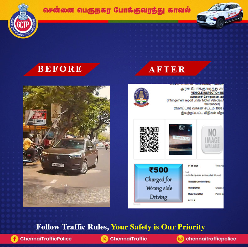 ChennaiTraffic's tweet image. Your tweet was verified and action taken.
#TrafficViolation #WrongsideDriving #helmet #NoHonking #DoNotDrinkAndDrive #NeverOffDuty #InPublicService #YourSafetyOurPriority
