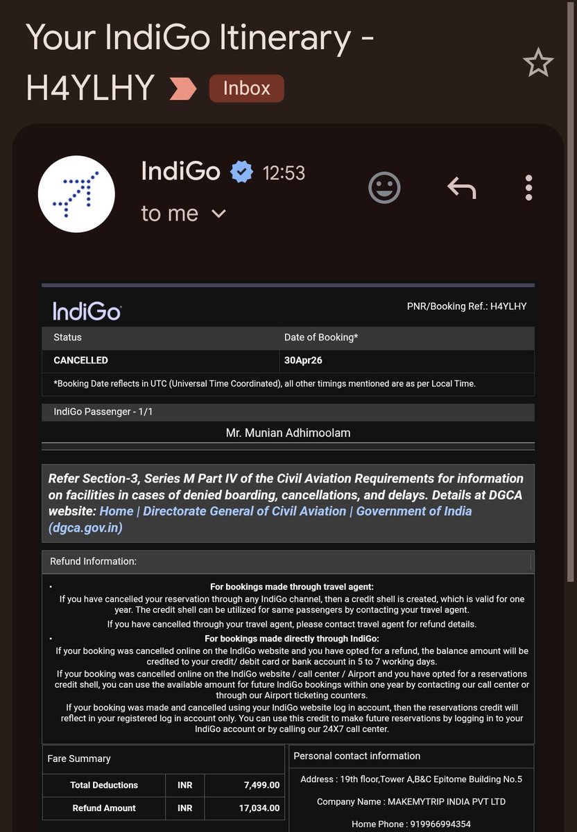 devsmech's tweet photo. @GoibiboSupport Dear team,

@IndiGo6E  had issued refund of 17034/- from their end..hence please initiate the same from your end https://t.co/40kljENJf5