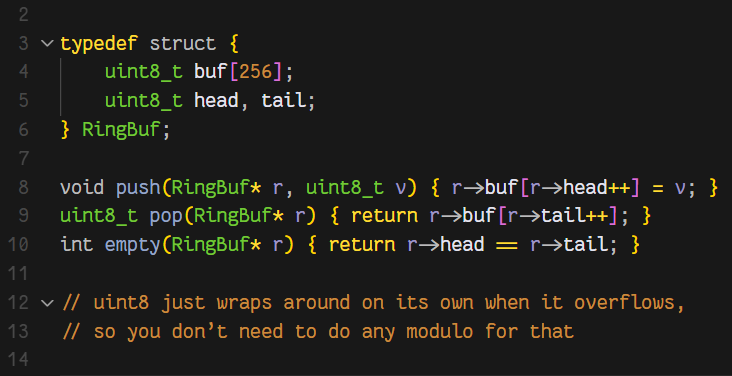 the cleanest way to implement a ring buffer in C without malloc ...