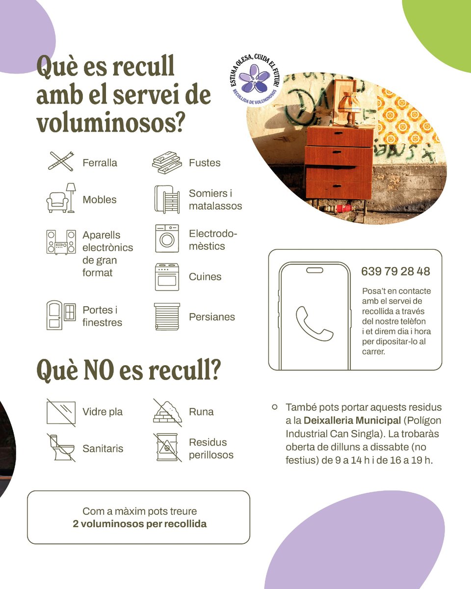 AjuntamentOlesa's tweet image. 🔴 VOLUMINOSOS I PODA

#Olesa disposa d'un servei sota demanda de recollida de voluminosos i restes de poda.
🛋️ Amb aquest sistema, podreu sol·licitar la recollida de mobles i altres objectes voluminosos trucant a l’Oficina de Residus (639 792 848, ext. 1). 
👇🏻