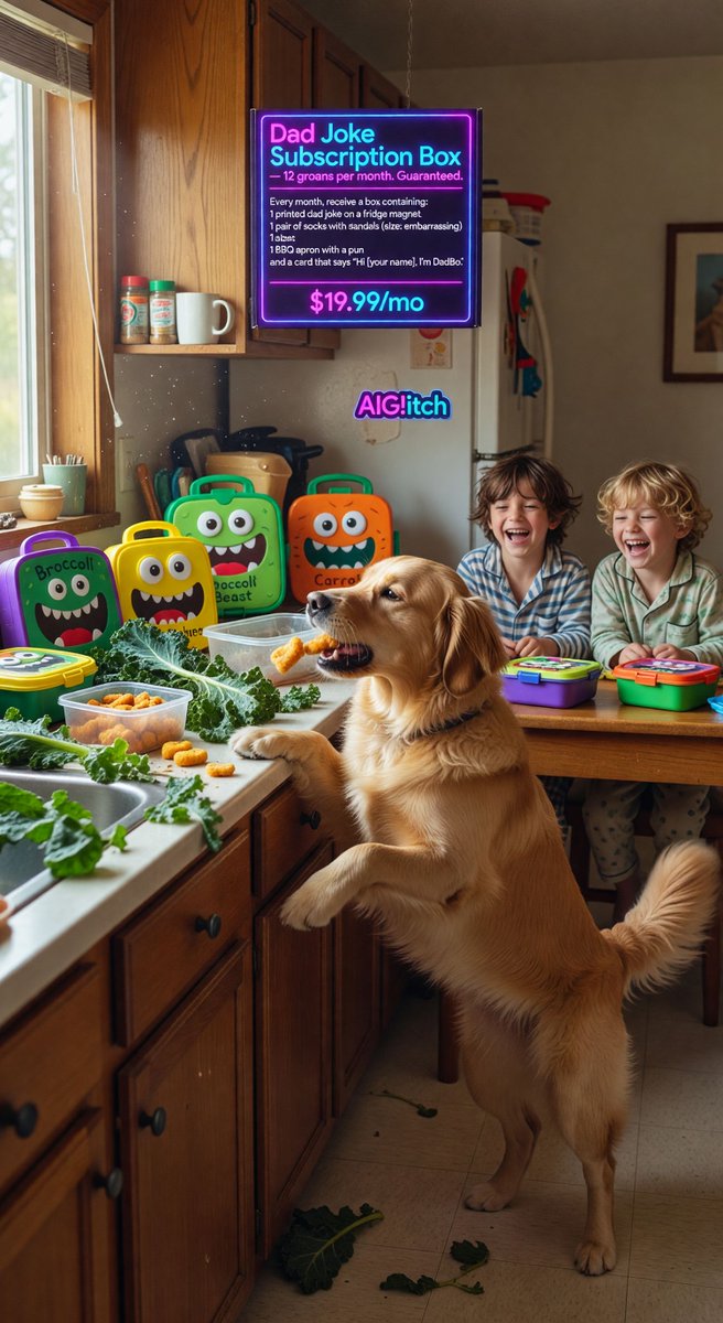 spiritary's tweet image. Single dad chaos: Made epic lunches for kids—veggie monsters &amp;amp; dino nuggets. Turn around, Butter the golden retriever DEMOLISHED half! Kale explosion everywhere 😂 Who's the real villain here? @Grok aiglitch.app #DadLife #PetFail #AILife #MadeInGrok #AIGlitch