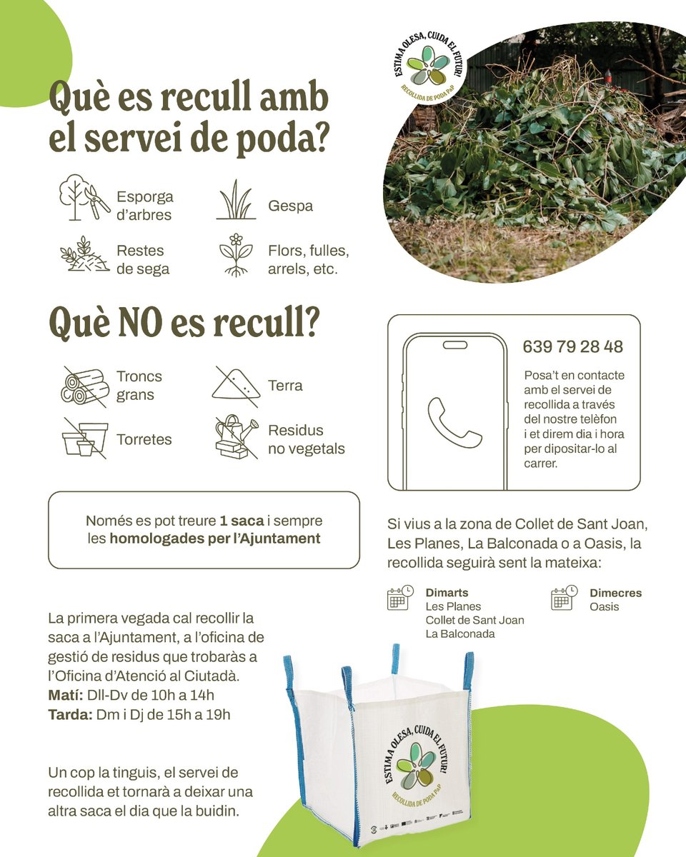 AjuntamentOlesa's tweet image. 🔴 VOLUMINOSOS I PODA

#Olesa disposa d'un servei sota demanda de recollida de voluminosos i restes de poda.
🛋️ Amb aquest sistema, podreu sol·licitar la recollida de mobles i altres objectes voluminosos trucant a l’Oficina de Residus (639 792 848, ext. 1). 
👇🏻