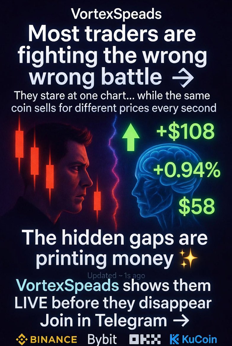 VortexSpreads's tweet photo. Most traders are fighting the wrong battle.

They stare at one chart…  
while the same coin is selling for different prices on different exchanges — every single second.

The hidden gaps are printing money.

VortexSpeads catches them live before they disappear.

Stop guessing. Start stacking.

See the gaps now 👇

#crypto #arbitrage #trading $BTC $ETH $PEPE $XRP $AUDIO $SUSHI $GALA $SOL $SOLALA $TRUMP $BABY $AUDIO $CRYPTO $BNB $USDT $USD $BULL $PARTI $TRX $LTC $LINK $OM $KAITO $DO