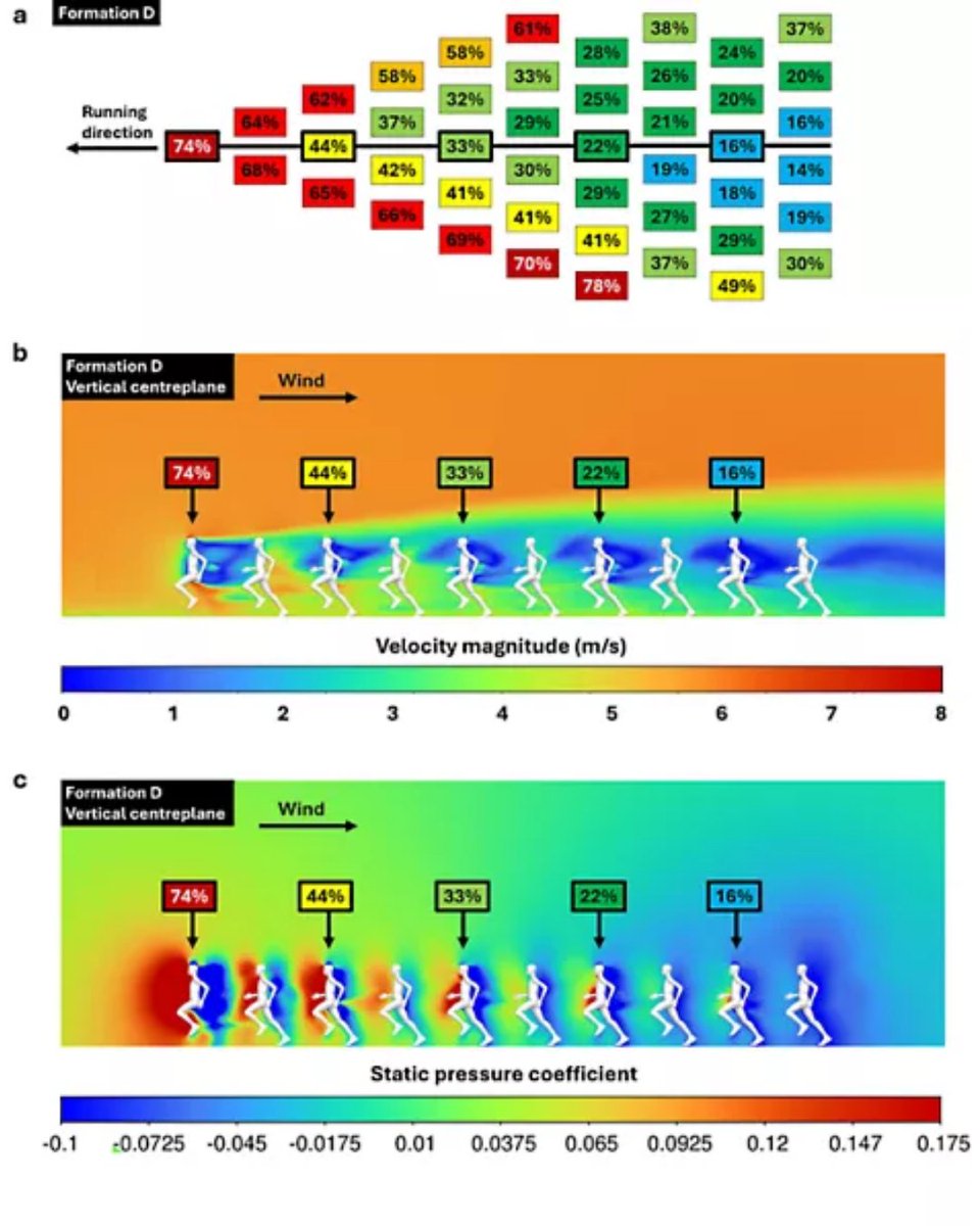 custom4us's tweet photo. 🔗 Results of the computational fluid dynamics (CFD) simulations: Percentage drag of every runner in formations A, B, C, and D, compared to the drag of an isolated runner running at the same speed. (copyright: Heriot-Watt University) 👉 https://t.co/rWIfCy0uhg https://t.co/gTVWGIsv9T