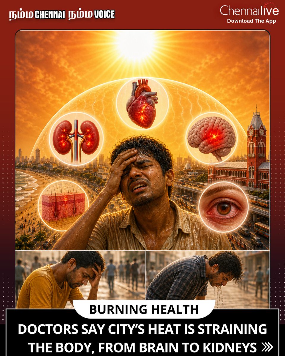 chennailive1048's tweet image. Chennai’s heat is no longer just discomfort, doctors warn it is wearing down the body, organ by organ. With rising temperatures and hot winds, cases of dehydration, exhaustion, sunburn, eye irritation &amp;amp; breathing issues are increasing. #news #summerheat #publichealth #chennailive