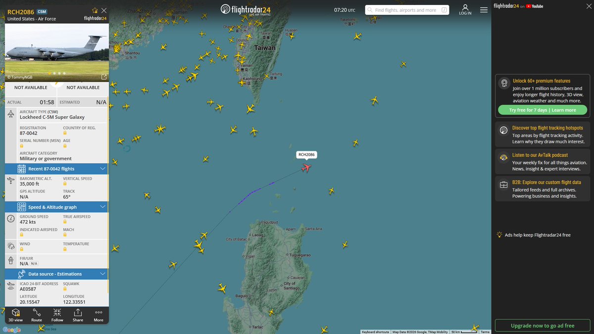 AIYeyENGDdJkjTr's tweet image. May 2, 2026
#Fairfield Travis Air Force Base #Anchorage #Osan Air Base, South Korea #Anchorage #Gander #Incirlik Air Base #Prince Sultan Air Base #Diego Garcia ==&amp;gt; #Honolulu 

#RCH2086 #AE0587 USAF C-5M Super Galaxy