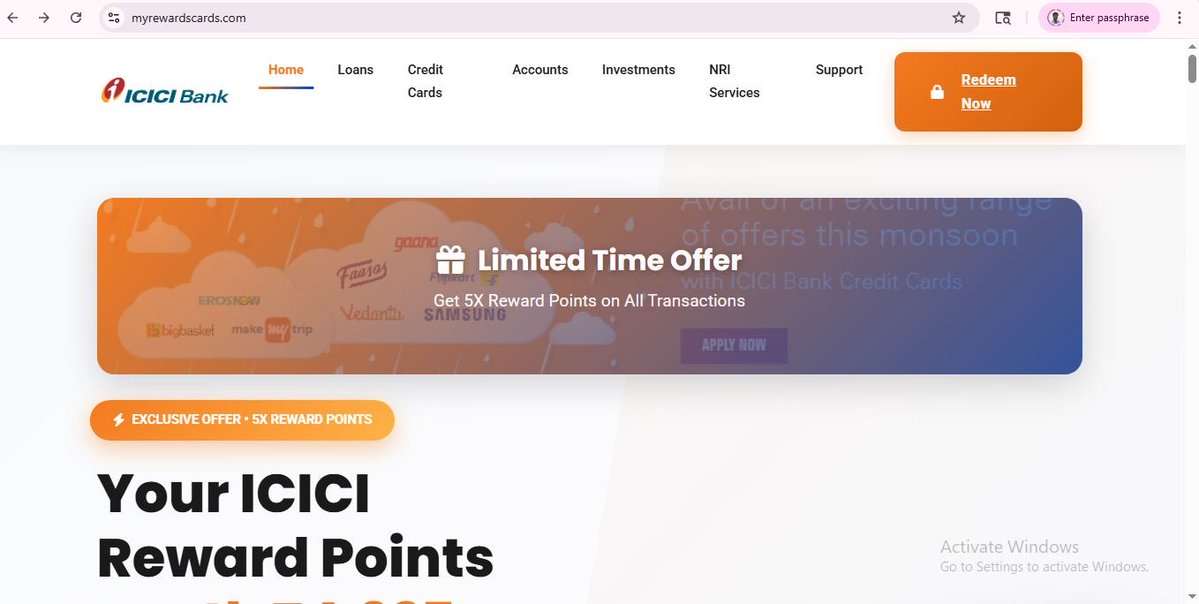 SudhirBudhia's tweet image. @ICICIBank_Care recently got a call for using the website myrewardscards.com using icici bank logo and asking to redeem rewards. fake website-should take immediate action and remove this to avoid fraudulent activity.#beaware #scam