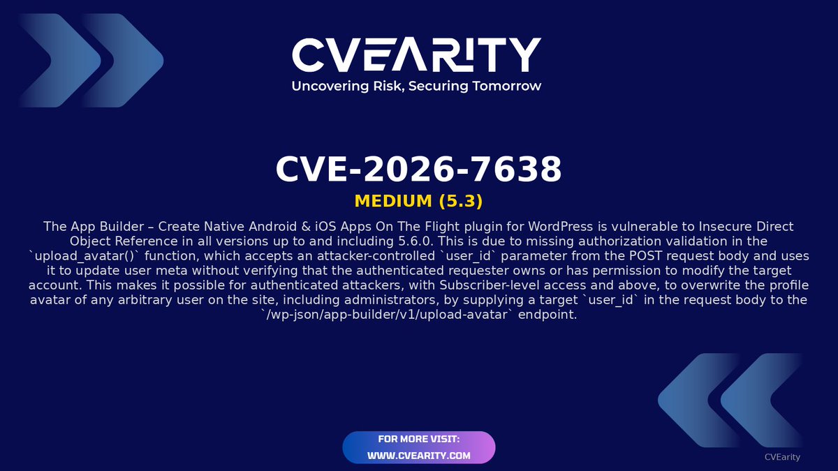 CVEarity's tweet image. ⚡ New CVE Alert: CVE-2026-7638
📊 Severity: 5.3
🚨 Risk Level: Medium
🧩 Affects: Wordpress

Reference: nvd.nist.gov/vuln/detail/CV…

#CVE-2026-7638 #CVE #Medium #Wordpress #CyberSecurity #InfoSec