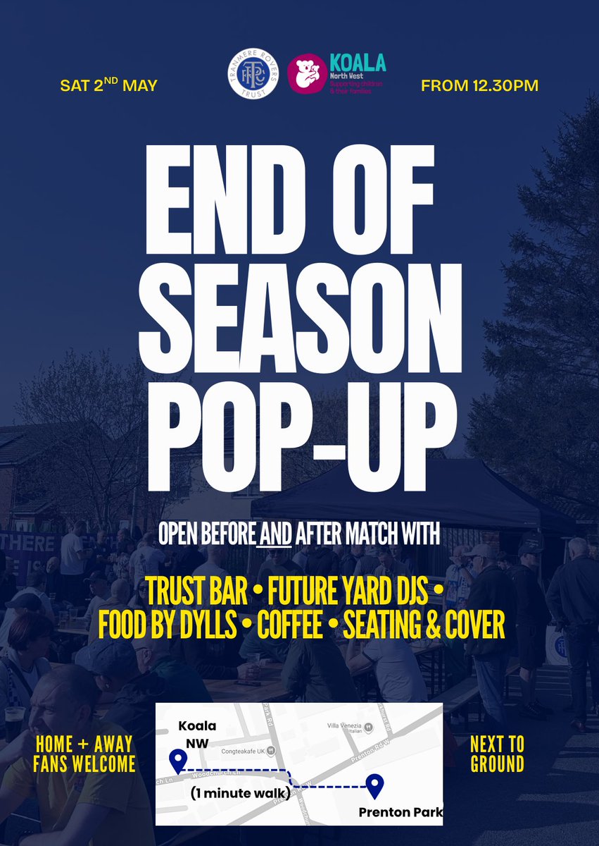 Tranmere_Trust's tweet photo. The final matchday is here! Join us before &amp; after the game for:

🍻 Full Trust bar
🥧 Dyll’s hot food &amp; treats (arrive early 👀)
🎧 @future_yard DJs
🥫👟 Food bank &amp; boot scheme

Fans together. One big atmosphere. Home &amp; away fans welcome👇🏻

📍https://t.co/cDDmu7fxNz

#TRFC #SWA https://t.co/CJoGzxkIQi