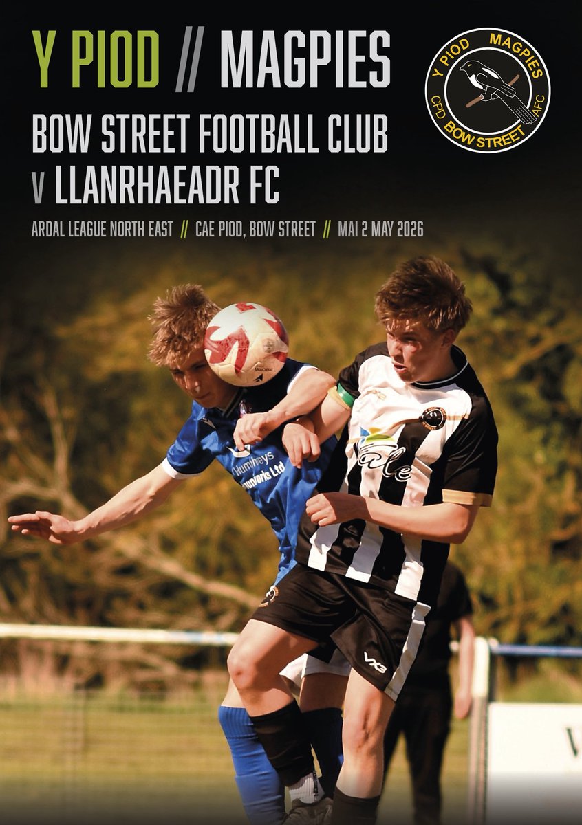 BowStreetFC's tweet photo. It’s match day at Cae Piod as we welcome @LlanrhaeadrYMFC to Bow Street for what is always an entertaining encounter 💙💛

Please note that kick off is at 1.30pm 🕰️ 

Programme link in bio and stories 🖊️ 

#magpies 🖤🤍

https://t.co/avcduYtmqZ https://t.co/0u2hRfiRXj