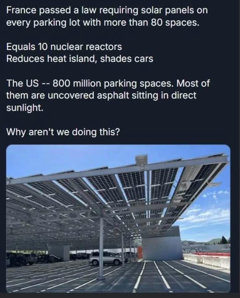 JillBelch's tweet image. France passed a law in requiring car parks to install #solar
* If ≥80 spaces
* Cover at least 50% of area
* Exemptions (grid constraints, heritage sites)
We did it with disabled spaces why not solar? 
There are obstacles but none are strong enough to justify not doing it at all!